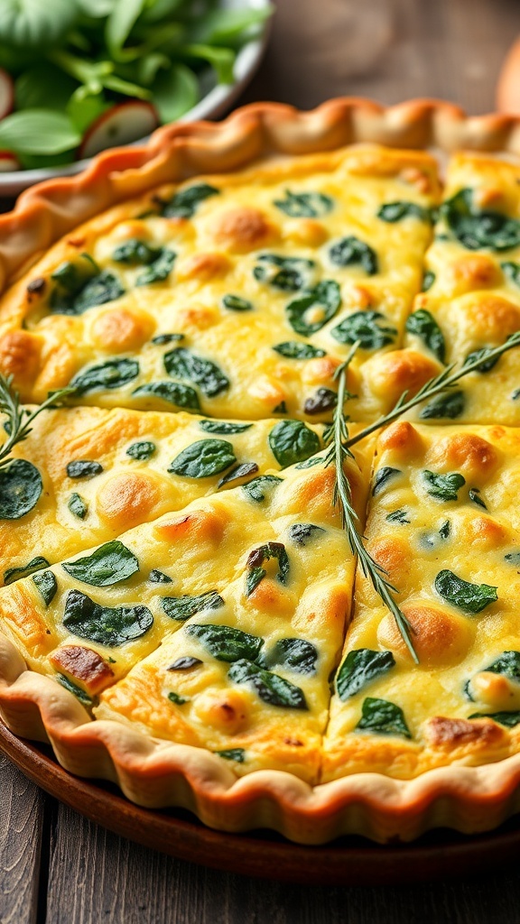 Spinach Quiche Recipe A golden-brown spinach quiche sliced into wedges, served on a wooden table with fresh herbs and a side salad.